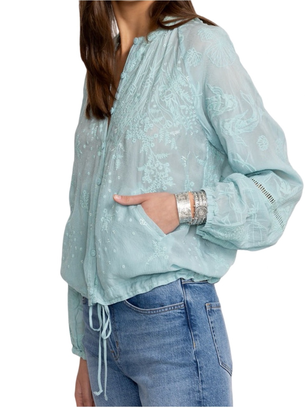 Johnny Was Women’s Size M Light Marine Blue Embroidered Drawstring Bomber Jacket
